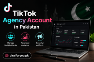 Professional illustration of a TikTok Agency Account in Pakistan with the domain name viralforyou.pk displayed on a modern digital marketing background.