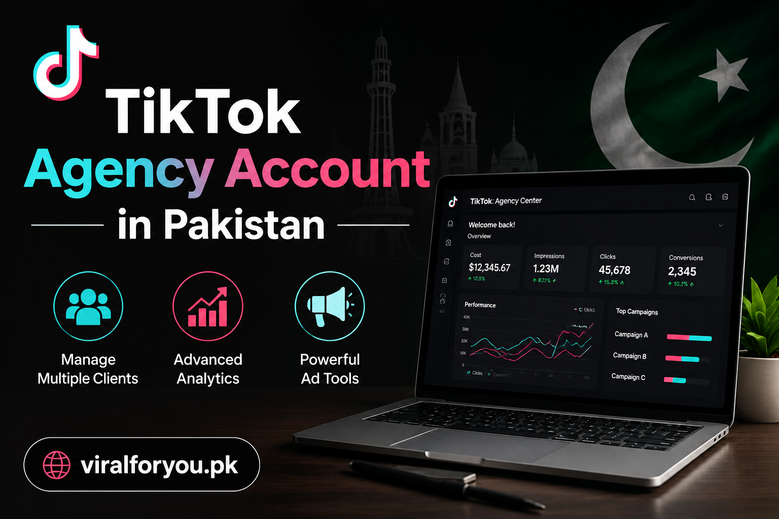 Professional illustration of a TikTok Agency Account in Pakistan with the domain name viralforyou.pk displayed on a modern digital marketing background.